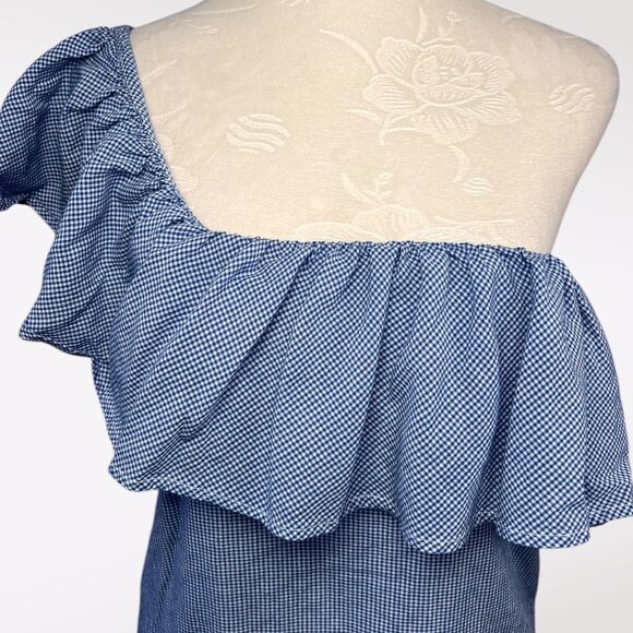 Joe’s Collection One Shoulder Ruffle Gingham Top Blue White Size Small - Picture 2 of 8